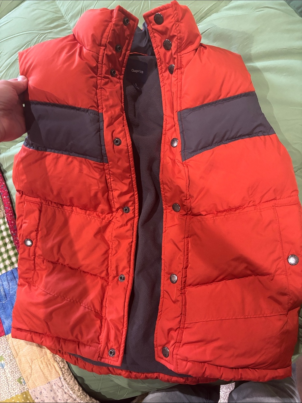 GAP Orange-Red Puffer Vest with Gray Chest Panels